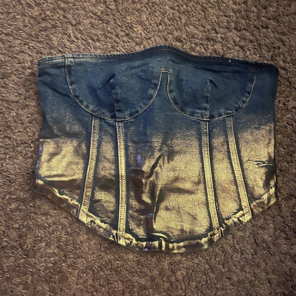 Forever 21‎ Metallic Gold Ombre Denim Corset Top Strapless Blue Gold Medium